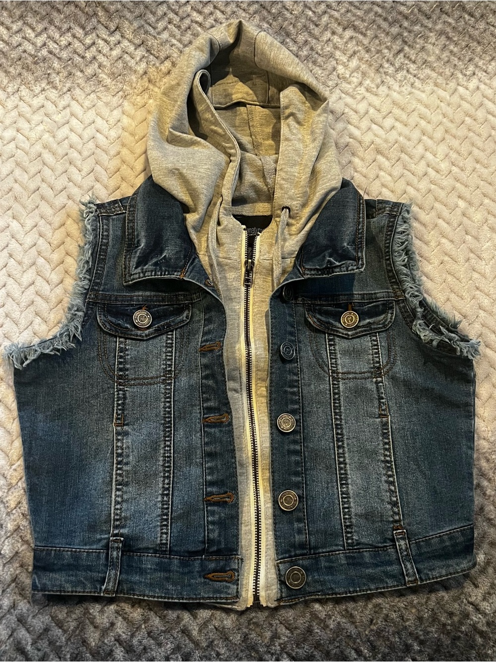 JW signature Denim Vest with Gray Hood 
Size Medium.